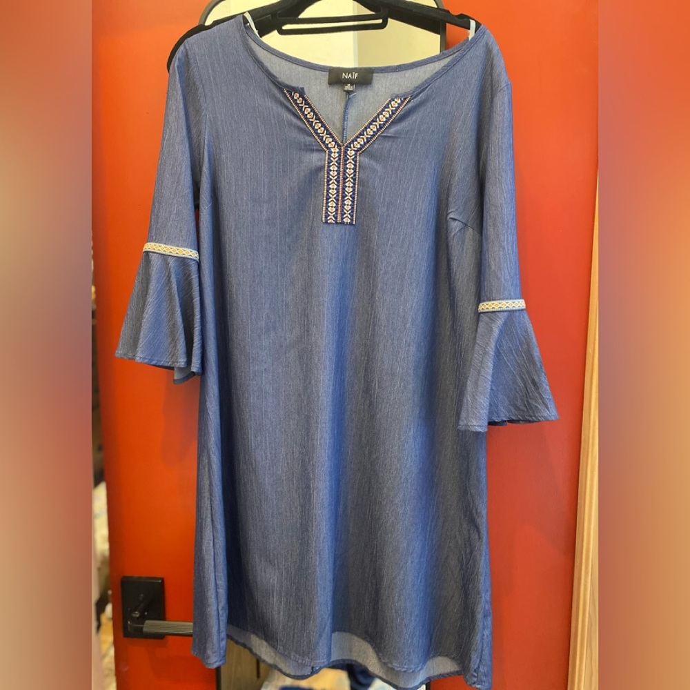 NWOT NAIF Blue Embroidered V-Neck Tunic tencel dress M